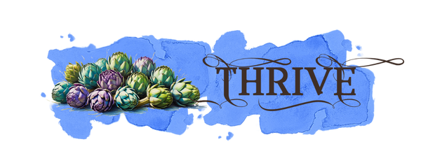 Colorful artichokes with 'THRIVE' text on a blue watercolor background