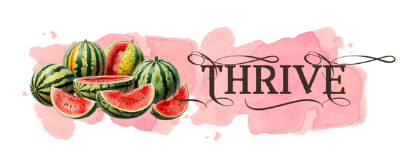 Illustration of watermelons with a pink 'THRIVE' logo on a white background