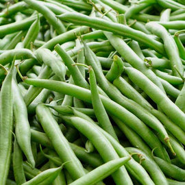 A close-up image of fresh green beans, showing their vibrant green color and characteristic shape.