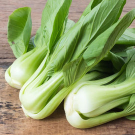 Fresh Bok Choy with vibrant green leaves and thick white stems on a wooden surface.