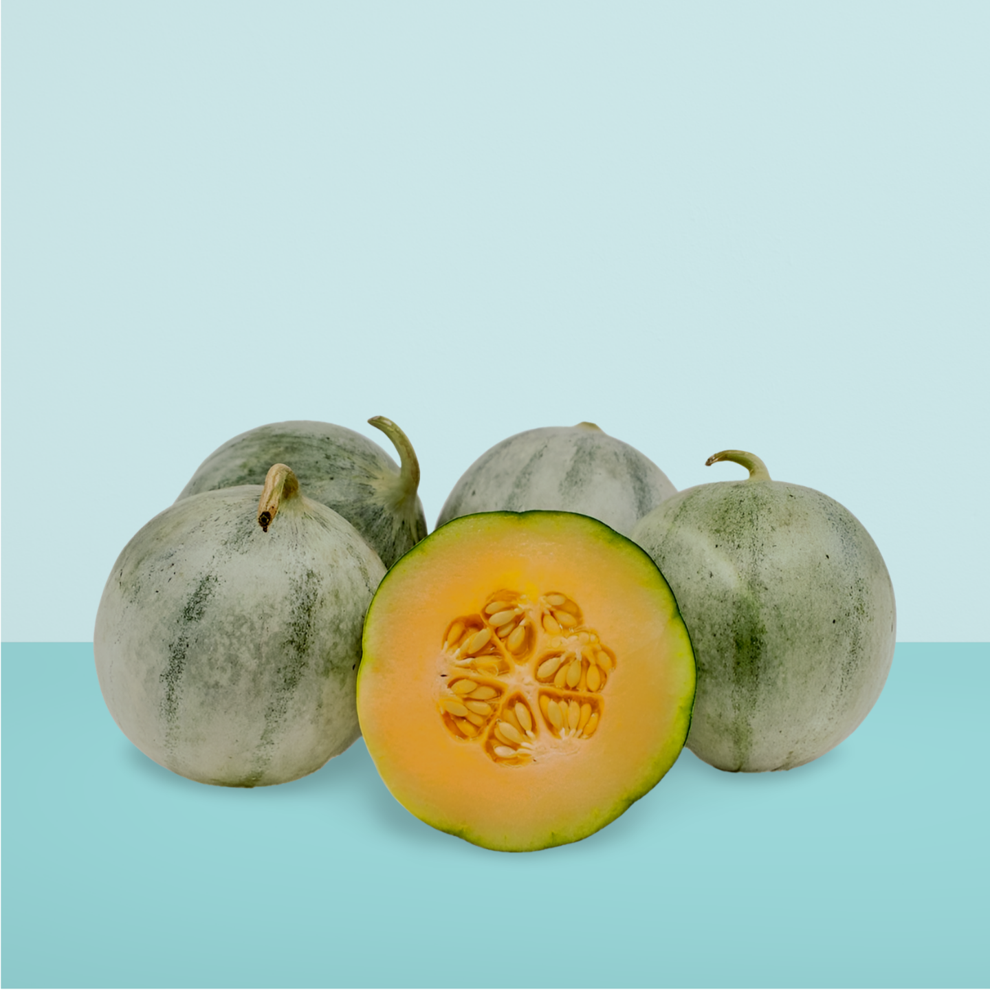 Several ripe Charentais melons with one cut in half, displaying the inside with seeds and flesh, against a two-tone blue background.