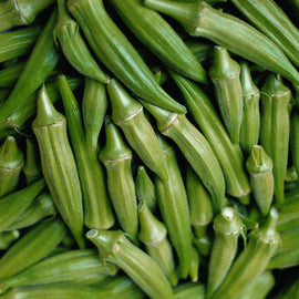 A close-up image of fresh green okra pods.