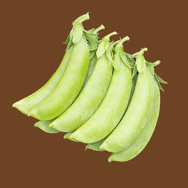 A cluster of fresh green pea pods against a brown background.