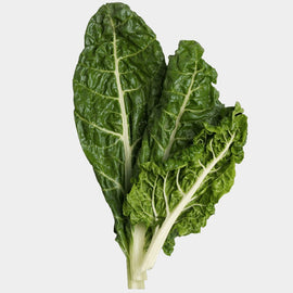 A fresh bunch of Barese Swiss Chard with dark green leaves and light green stems.