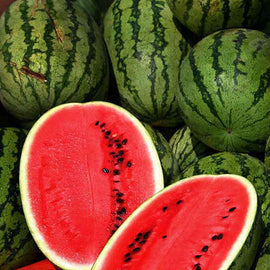 A pile of whole watermelons with a couple of slices showing the red flesh and black seeds.
