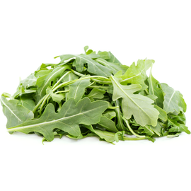 Pile of fresh green arugula leaves on a white background