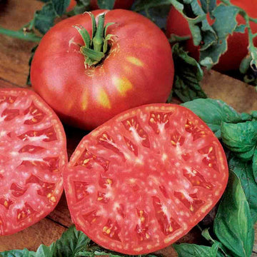 An image of a whole Brandywine Pink tomato and a half-cut tomato showing the pinkish-red flesh, with green leaves in the background.