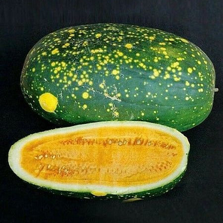 Green and yellow striped squash with a cut half revealing orange flesh on a black background